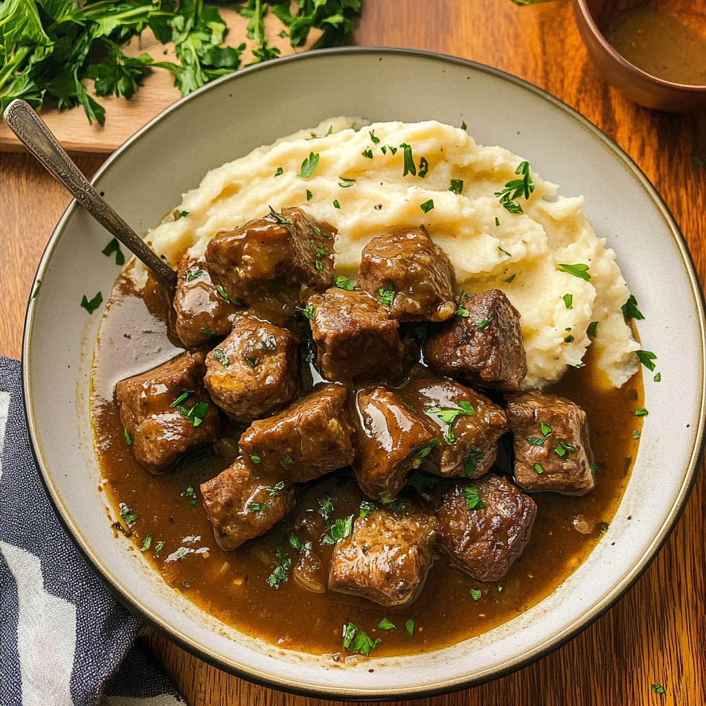 Beef Tips and Gravy Over Cauliflower Mash