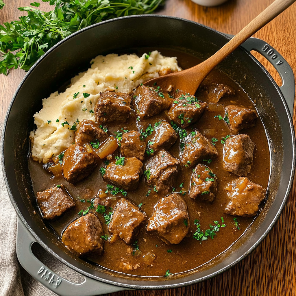 Beef Tips and Gravy Over Cauliflower Mash