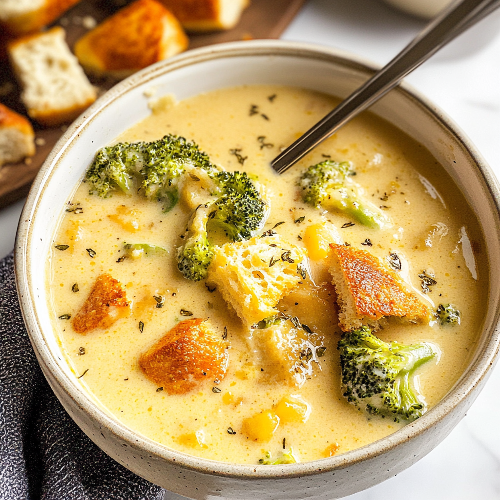 Broccoli Cheddar Soup with Sourdough Croutons