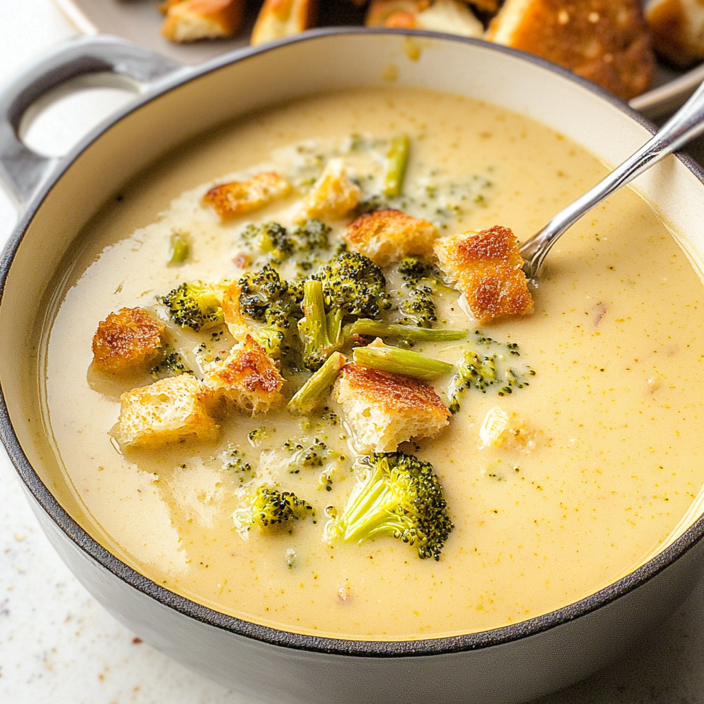 Broccoli Cheddar Soup with Sourdough Croutons
