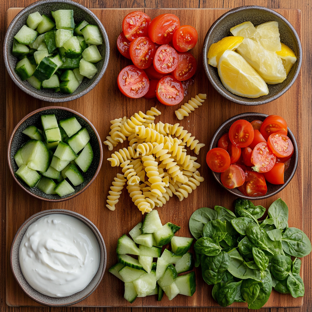 Healthy Green Goddess Pasta Salad ingredients