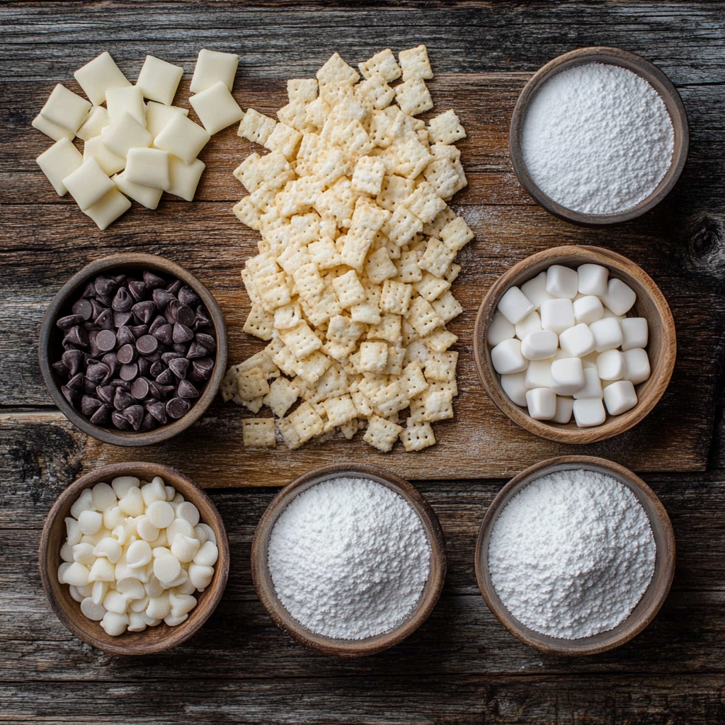 Easy Mint Chocolate Muddy Buddies ingredients