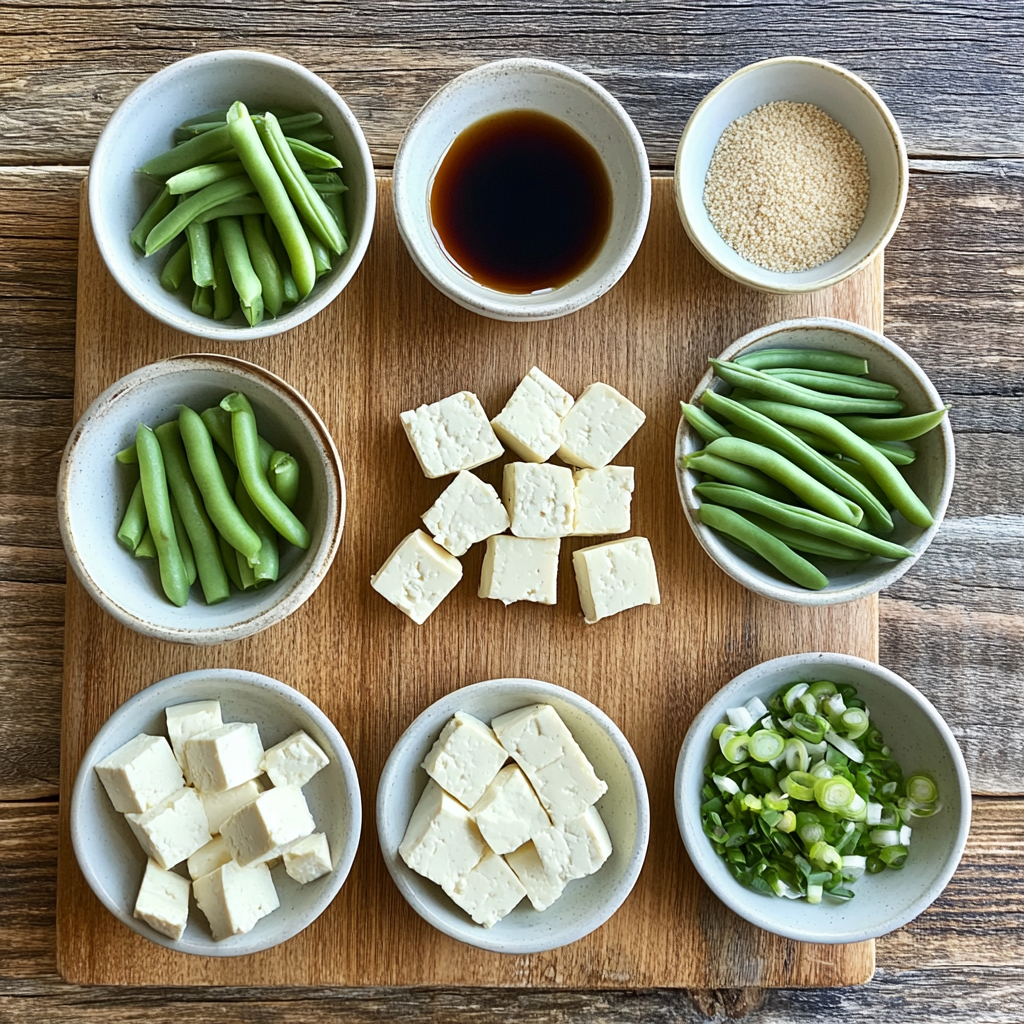 Sesame Ginger Tofu + Green Bean Stir-Fry ingredients