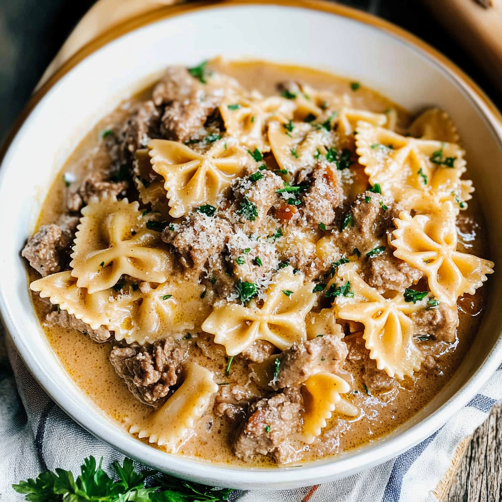 creamy parmesan garlic beef bowtie pasta