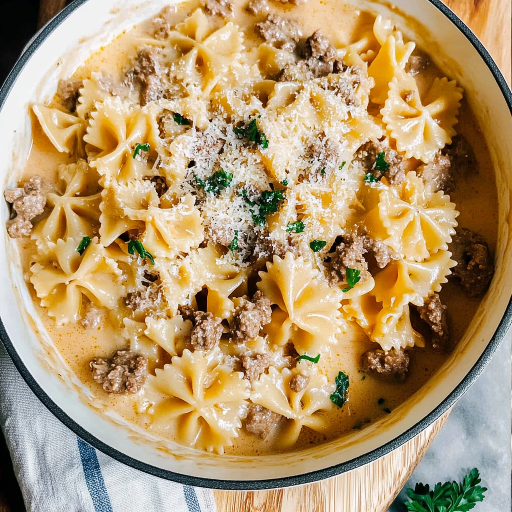 creamy parmesan garlic beef bowtie pasta